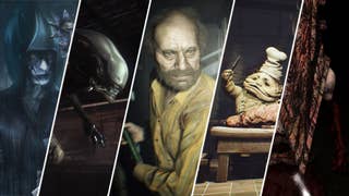 Multiple horror game characters are shown. From left to right, there is: Fatal Frame Project Zero's Ose Kurosawa, Alien Isolation's Xenomorph, Resident Evil 7's Jack Baker, the chef from Little Nightmares, and Pyramid Head from Silent Hill 2