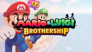 The Mario & Luigi Brothership logo, with a slightly obscured Mario and Luigi behind it, with a nice island background.