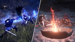 Some players sitting by a bonfire in Dark Souls 3opposite some players battling in Elden Ring Nightreign.