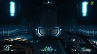 The player stands inside of an elevator in DOOM: The Dark Ages' Sentinel Command Station chapter
