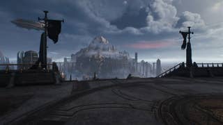 The player looks out towards a distant city during the Sentinel Barracks chapter in DOOM: The Dark Ages