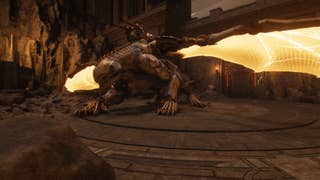 The player looks at the Slayer's dragon in the Holy City of Aratum chapter in DOOM: The Dark Ages