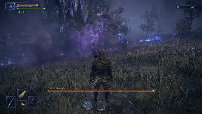 The Ironeye standing in front of a boss cloud in Elden Ring Nightreign