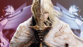 Miquilla from Elden Ring stands in the middle of two Game Awards statues.