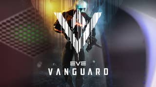 Key art for EVE Vanguard, with the logo over the top and a Xbox Series X and a PS5 console poking through.