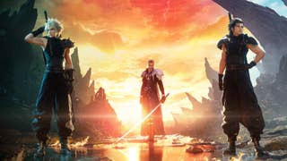 Cloud, Sephiroth, and Zack standing in a mountainous area at sunset in key art for Final Fantasy 7 Rebirth.