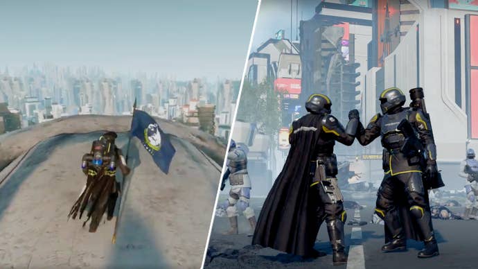 Some Helldivers in Helldivers 2 congratulating each other, opposit a Helldivers 2 player surfing on a leviathan.