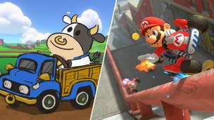 Mario and the driving cow in Mario Kart World.