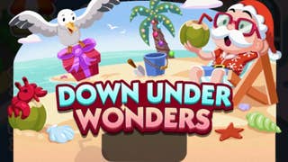 Artwork for the Monopoly Go Down Under Wonders event, showing the Monopoly mascot relaxing on a beach.