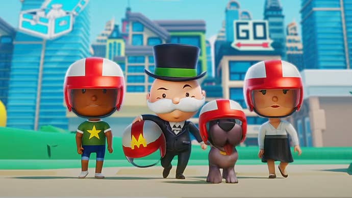 Promotional image for the Monopoly Go Tycoon Racers event, showing the Monopoly mascot with a team of racers.