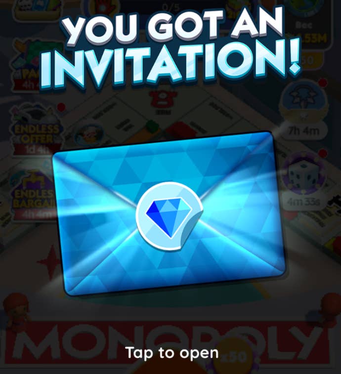 A notification in Monopoly Go showing a player has been sent a blue envelope that invites them to the Tycoon Club.