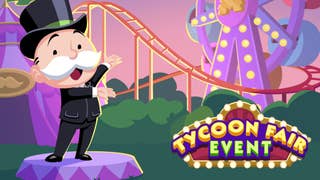 Artwork for the Monopoly Go Tycoon Fair event, showing the Monopoly mascot standing next to an amusement park.