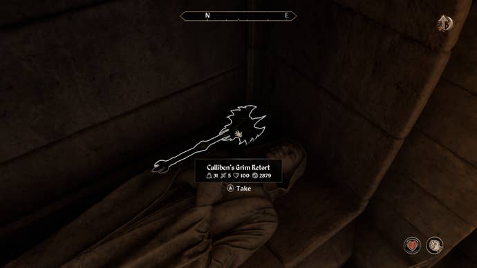 The unique mace, Calliben's Grim Retort, during the Unfriendly Competition quest in Oblivion Remastered.