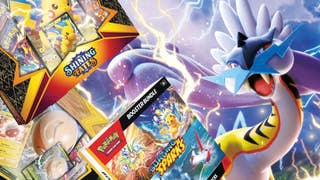 Pokémon TCG products on a Raging Bolt background
