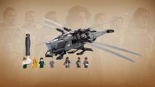 LEGO Icons Dune Atreides Royal Ornithopter 10327 on a brown gradient background