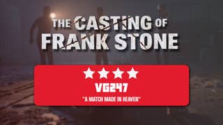The logo for The Casting of Frank Stone is overlayed on a promotional image for the game, alongside a box displaying 4 out of 5 star review score from VG247
