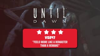 A wendigo grasps Sam by the face and lifts her off the ground in a blurred background image under the "Until Dawn" logo, with a 4-star review header underneath.
