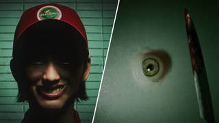 A pizza delivery person ominously smiling is shown beside a knife being held up to an eyeball in key artwork from BrokenLore: Don't Watch